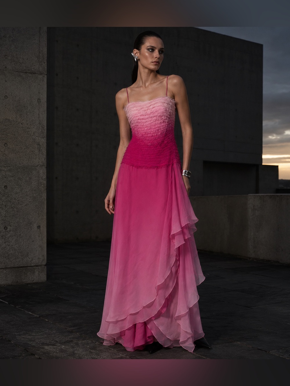 Liancarlo Couture Pink Ombré Fringe Chiffon Evening Gown Size 8
